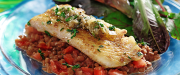 White Fish with Roasted Garlic & Lentil Mash