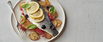 Roast sea bass & vegetable traybake