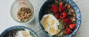 Matcha & Chia Pudding with Granola and Raspberries