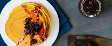 Banana Nut Butter Pancakes with Blueberry Compote