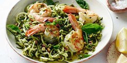 Spaghetti with Prawns, Pesto, and Pistachios