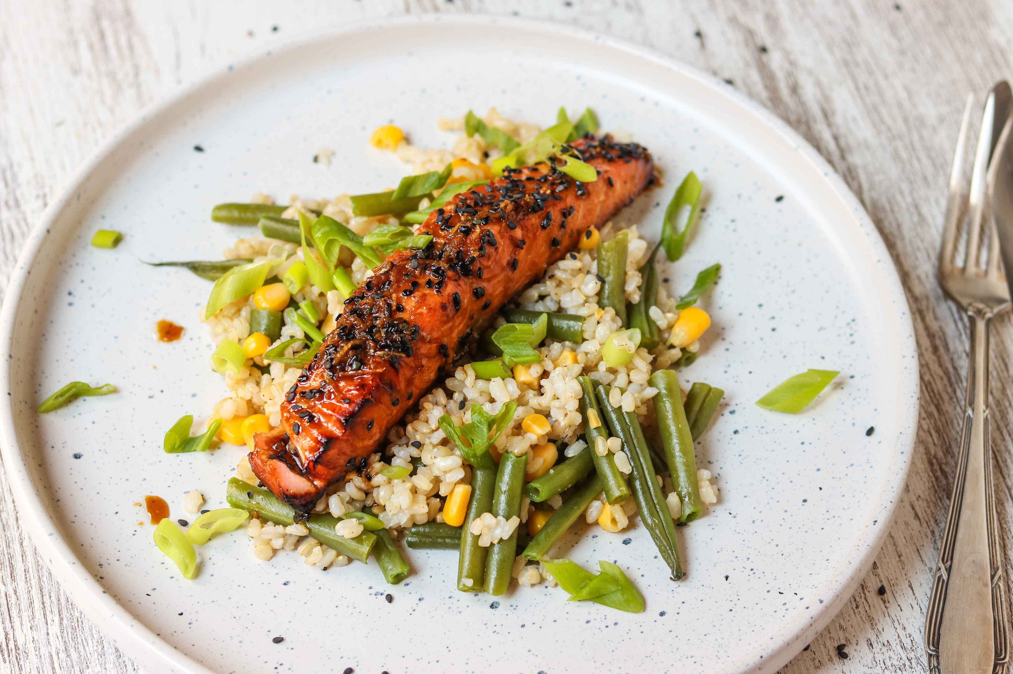 Salmon Teriyaki with Green Beans & Sweetcorn Rice