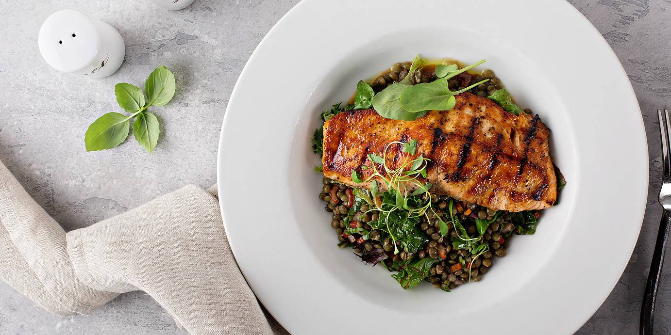 Baked Salmon with Lentils and Lemon-Herb Sauce