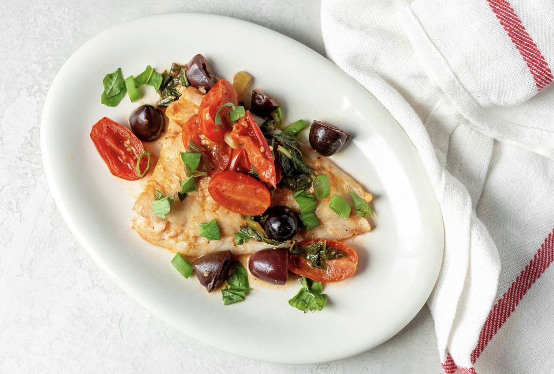 Steamed White Fish with Tomato and Olive Sauce