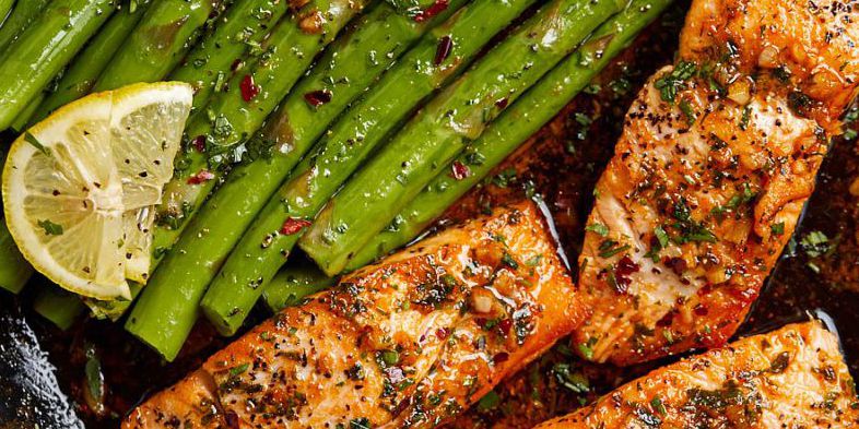 One Pan Lemon Garlic Baked Salmon and Asparagus